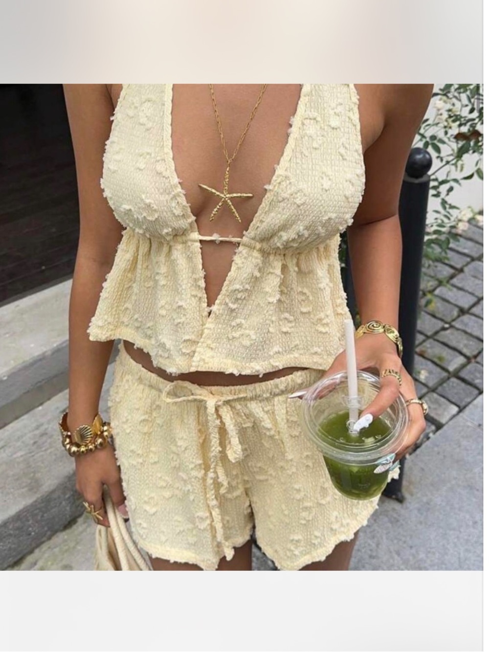 Textured yellow Cropped Tank and Drawstring Shorts Set